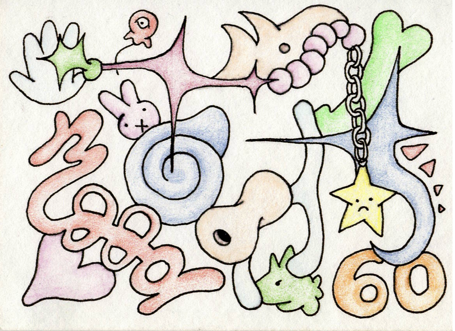 pen, coloured pencils, watercolour