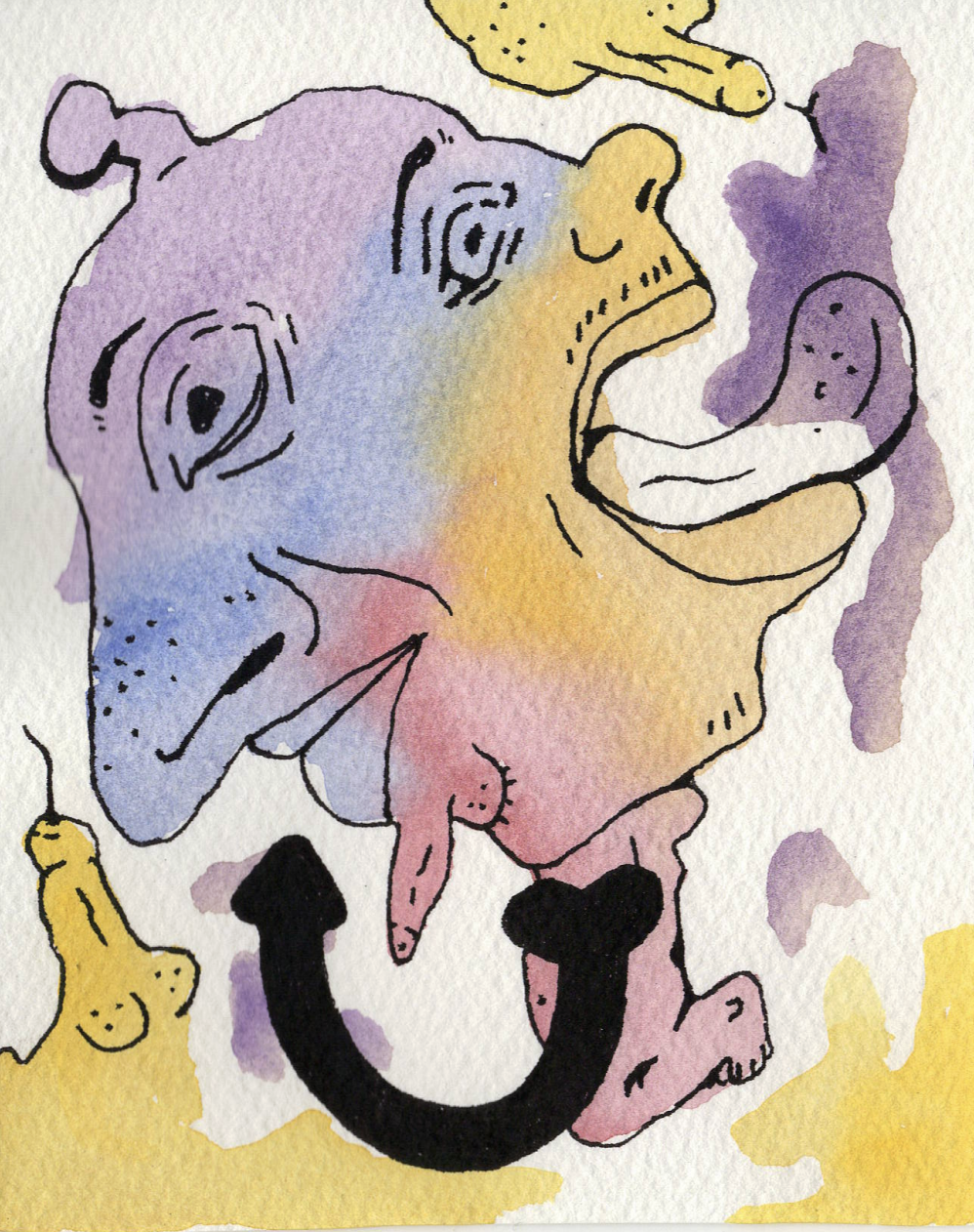 pen, coloured pencils, watercolour